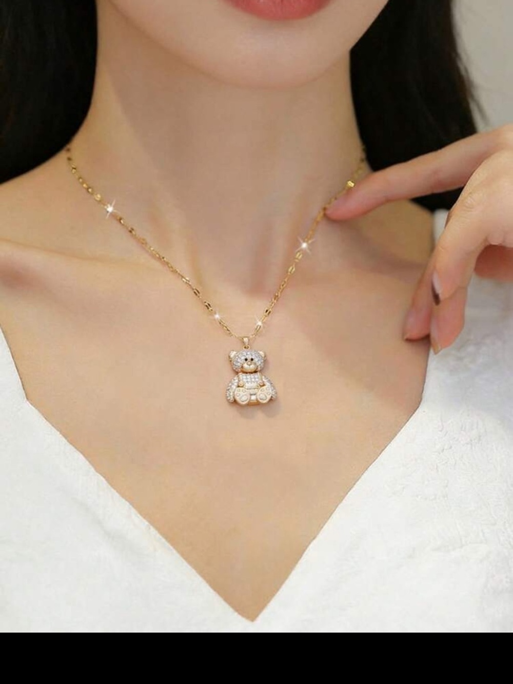 Gold Teddy Bear Pendant Necklace - Elegant Women's Jewelry